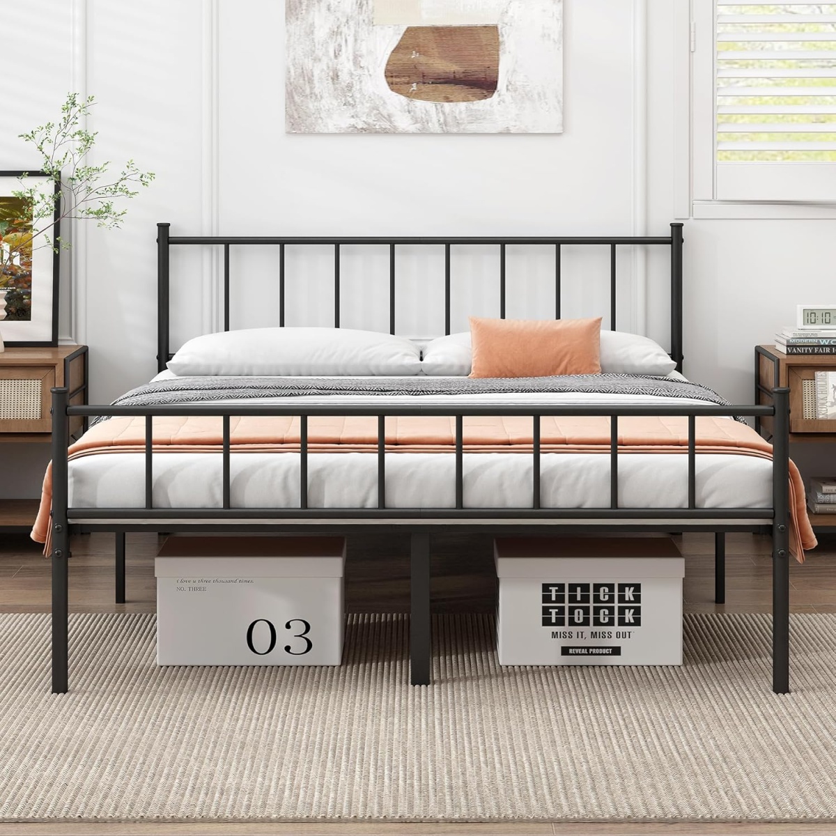 DIIYIV Queen Bed Frame with Headboard and Footboard, Vintage Metal Platform Bed Frame No Box Spring Needed, Heavy Duty Steel Slat Support Mattress Foundation, Easy Assembly